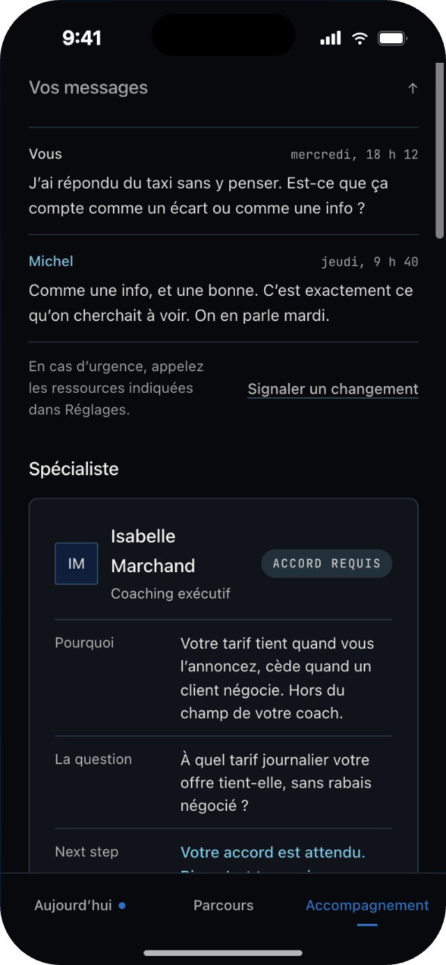 Messages avec votre coach et demande de spécialiste
